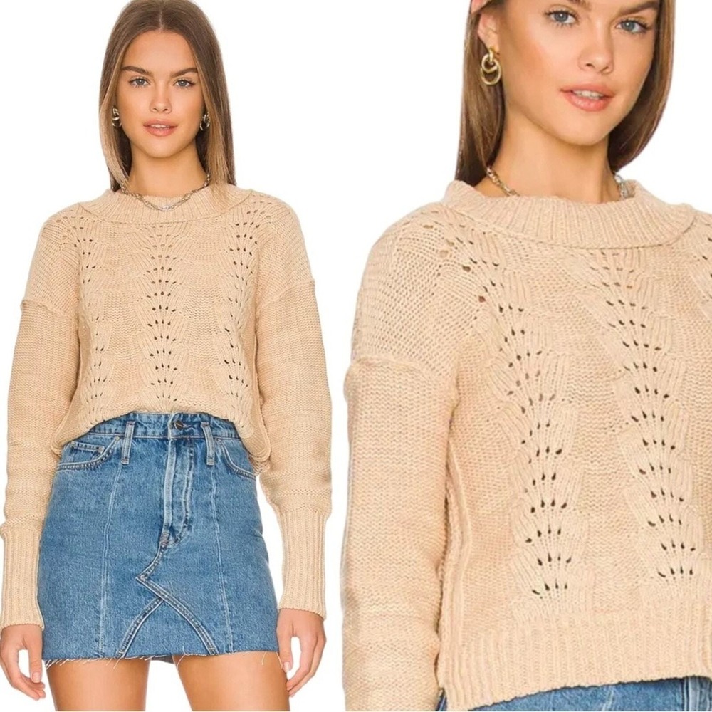 Free People Cropped Pullover Sweater Bell Song Crew Neck Open Knit Tan Small - Picture 14 of 15